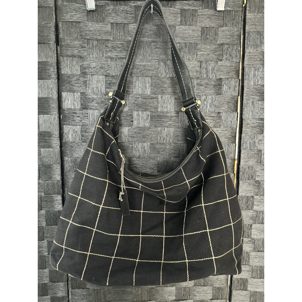 LIZ CLAIBORNE Handbag SHOULDER Canvas FABRIC Black White Plaid
